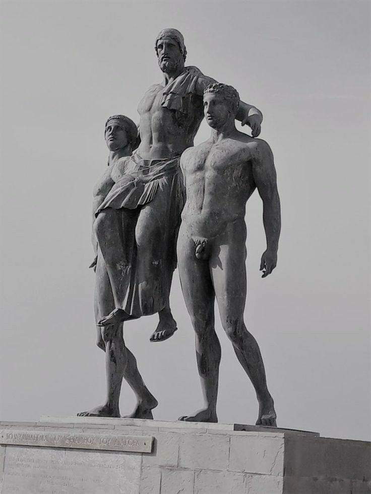 The 2004 statue of Diagoras of Rhodes help up upon his son's shoulders