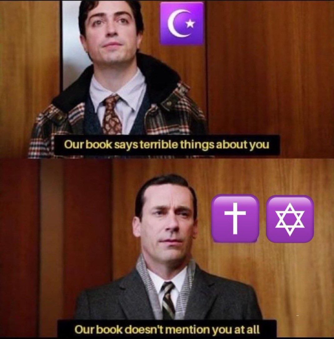 Abrahamic religions meme about scriptural mentions