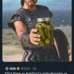 Eric Bana as Achilles from Troy holding a jar of pickles