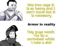 Meme comparing heavy immobile armor in fiction versus a cartwheeling knight in reality