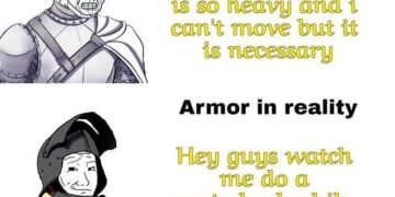Meme comparing heavy immobile armor in fiction versus a cartwheeling knight in reality