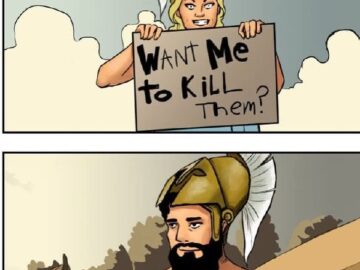 A meme about the special friendship between Athena and Odysseus involving violence