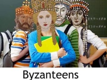 Meme about Byzantine teens with crowned figures and students in classroom