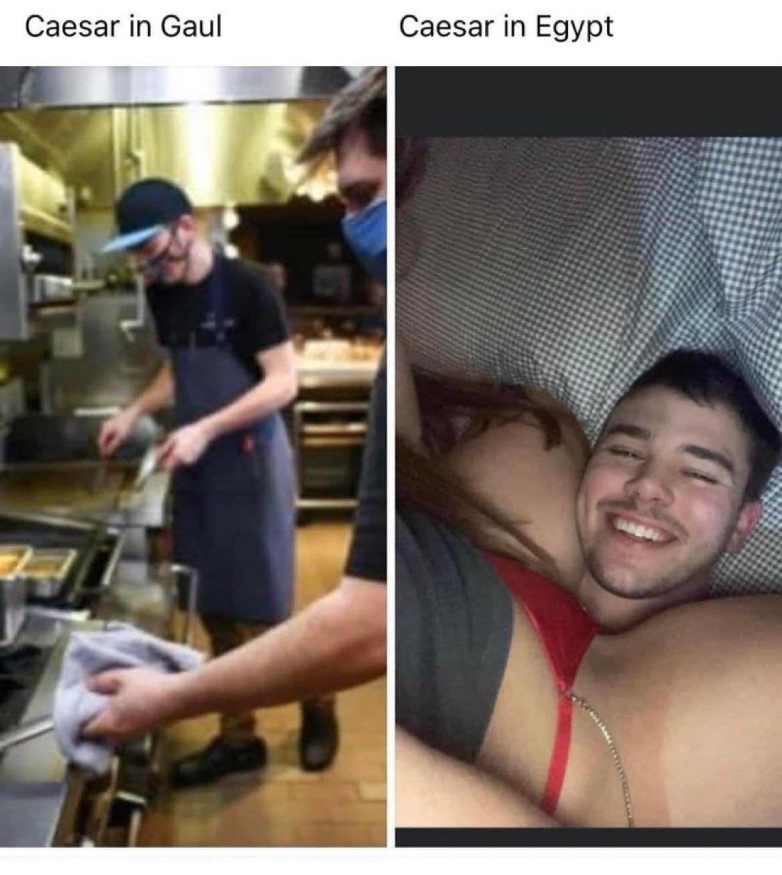 Meme comparing Julius Caesar in Gaul vs Caesar in Egypt