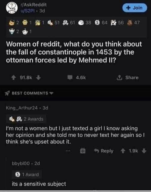 Reddit post about Fall of Constantinople and women