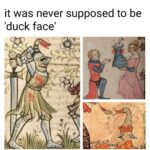 Medieval manuscript illustrations showing duck-headed knight, courtly scene with duck, and crowned goose