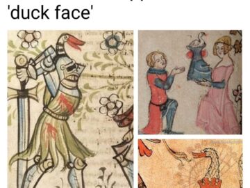 Medieval manuscript illustrations showing duck-headed knight, courtly scene with duck, and crowned goose