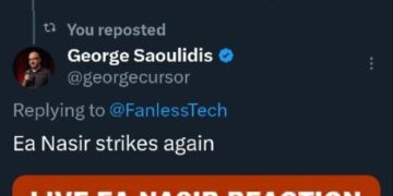 Twitter screenshot showing George Saoulidis replying to FanlessTech with Ea-Nasir strikes again about ASUS fake copper