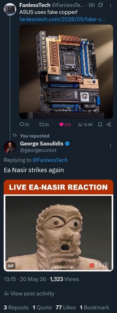 George Saoulidis replying to FanlessTech about ASUS fake copper with Ea-Nasir strikes again