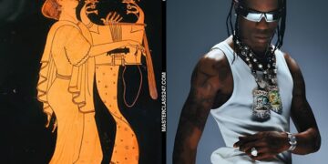 Comparison meme between ancient Greek poet playing kithara and modern Travis Scott