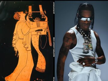 Comparison meme between ancient Greek poet playing kithara and modern Travis Scott