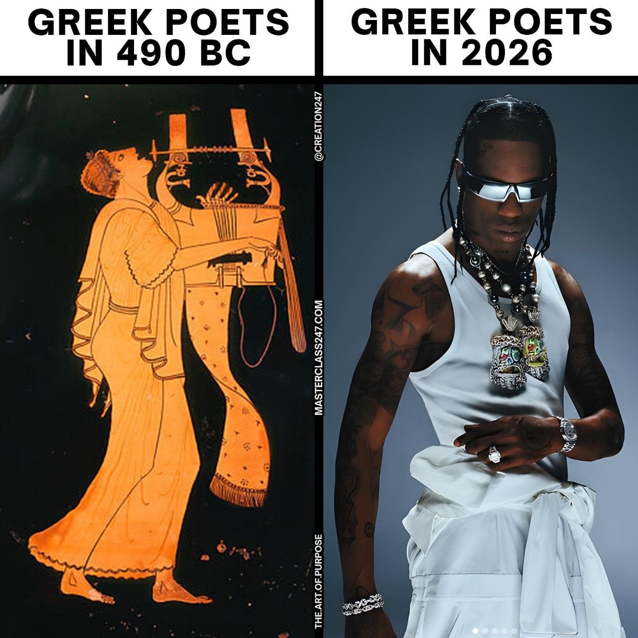 Greek Poets 490 BC vs 2026 comparison meme