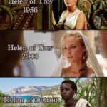 Three-panel comparison meme: Helen of Troy 1956, Helen of Troy 2003, Helen of Detroit 2026