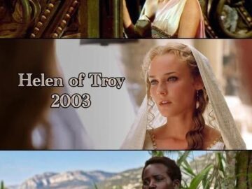 Three-panel comparison meme: Helen of Troy 1956, Helen of Troy 2003, Helen of Detroit 2026