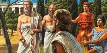 Classical painting of five Greek philosophers in an outdoor academy with text ME AND THE BOYS THINKING ABOUT THINKING