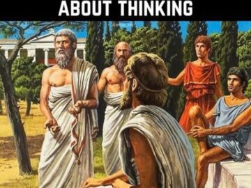 Classical painting of five Greek philosophers in an outdoor academy with text ME AND THE BOYS THINKING ABOUT THINKING