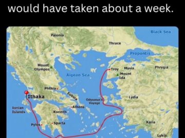 If Odysseus didn't piss off Poseidon, his trip back to Ithaka would have taken about a week