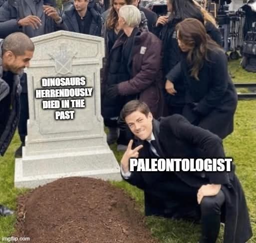 Paleontologist smiling at dinosaur funeral
