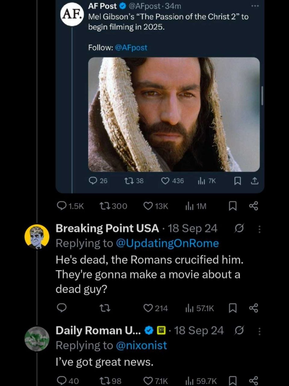 Twitter screenshot about Passion of the Christ 2