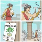 Four panel webcomic - Perseus nails 'Have You Seen Me?' posters for Medusa while surrounded by her stone victims