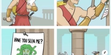 Four panel webcomic - Perseus nails 'Have You Seen Me?' posters for Medusa while surrounded by her stone victims