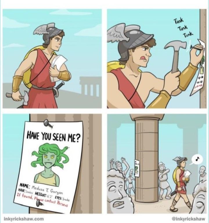 Inky Rickshaw comic - Perseus putting up missing posters for Medusa