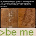 Ancient Greek papyrus of Plato showing > quotation marks like greentext