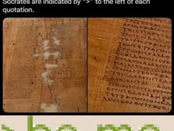 Ancient Greek papyrus of Plato showing > quotation marks like greentext