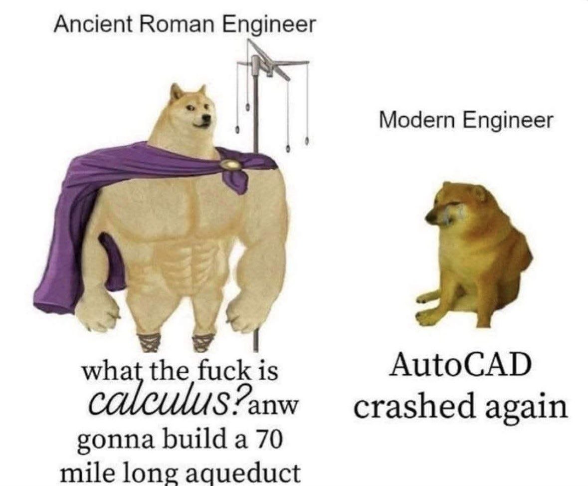 Buff Doge Roman engineer vs sad Doge modern engineer meme
