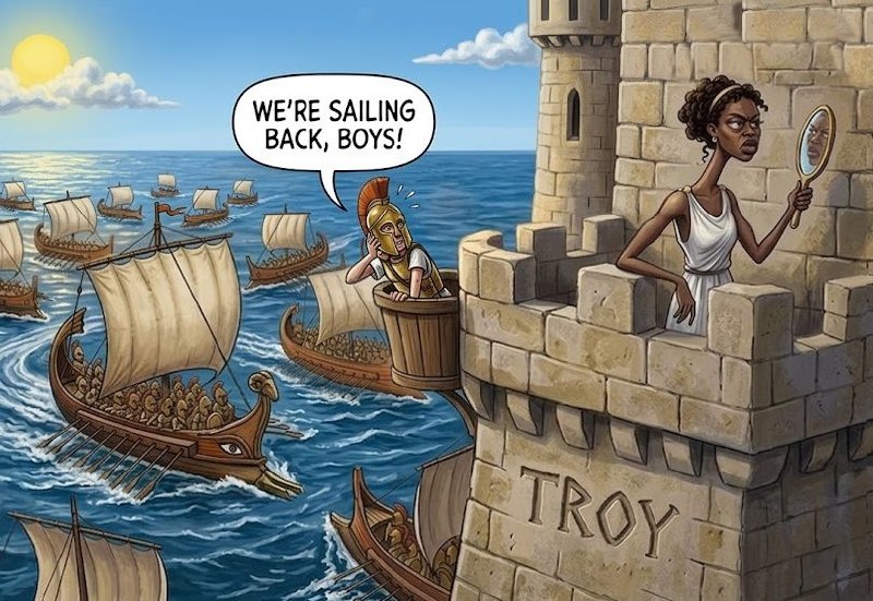 Cartoon of a queen on a ship shouting we are sailing back