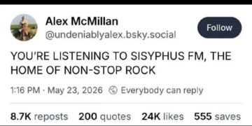 Bluesky post by Alex McMillan reading YOU'RE LISTENING TO SISYPHUS FM, THE HOME OF NON-STOP ROCK