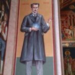Nikola Tesla depicted in a Serbian church, looking like he's charging a Rasengan from Naruto