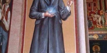 Nikola Tesla depicted in a Serbian church, looking like he's charging a Rasengan from Naruto