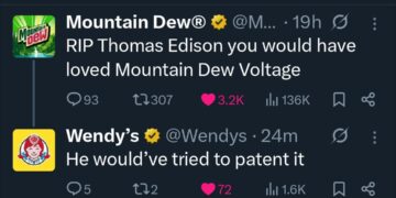 Twitter/X exchange: Mountain Dew says RIP Thomas Edison you would have loved Voltage, Wendy's replies He would've tried to patent it