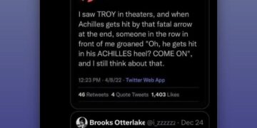 Twitter chain about someone complaining Achilles got hit in his heel at a Troy screening