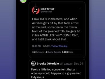 Twitter chain about someone complaining Achilles got hit in his heel at a Troy screening