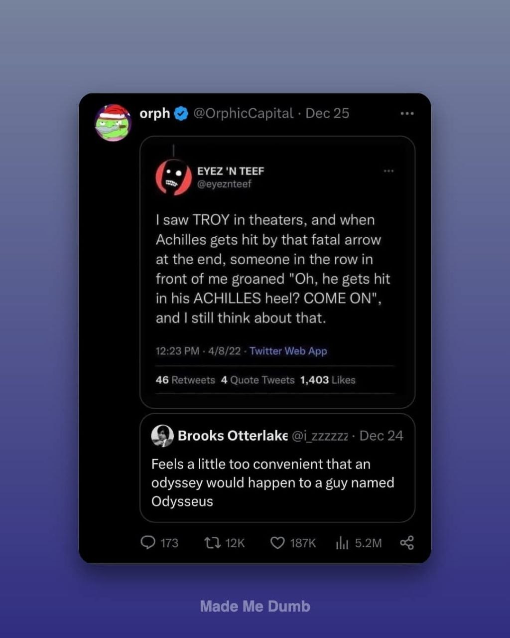 Twitter chain about Achilles heel and Odysseus name joke