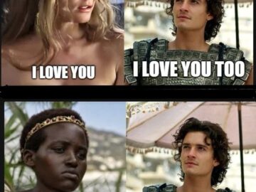Meme from the movie Troy with Helen, Paris and a guest starring role from another film
