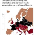 Map of Europe divided into Vampire and Werewolf folklore regions