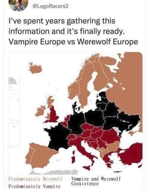 Map of Europe divided by vampire and werewolf folklore regions