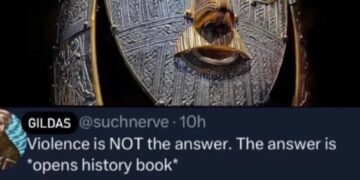 Meme about opening a history book and realizing violence was the answer