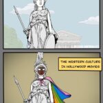Two panel cartoon comparing classical Western culture with Hollywood's version