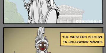 Two panel cartoon comparing classical Western culture with Hollywood's version