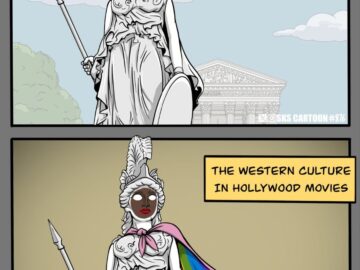 Two panel cartoon comparing classical Western culture with Hollywood's version