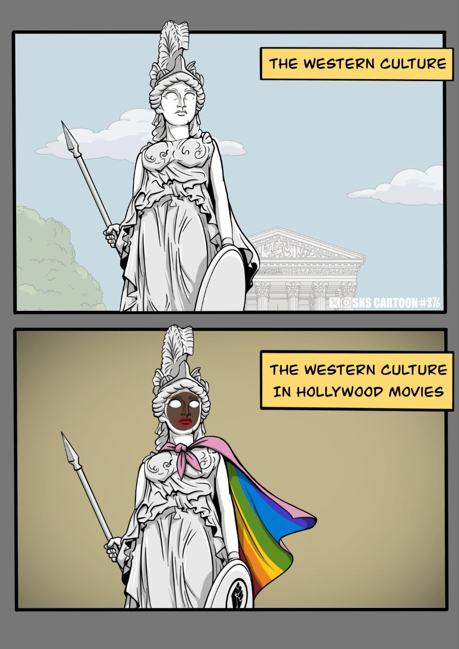 Two panel cartoon comparing classical Western culture with Hollywood's version
