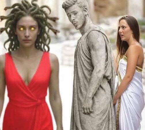 Woman in Red Dress Meets Medusa — One of Them Turns People to Stone