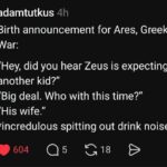 Threads post about Ares birth announcement Zeus with his wife joke