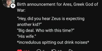 Threads post about Ares birth announcement Zeus with his wife joke