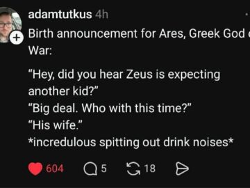 Threads post about Ares birth announcement Zeus with his wife joke