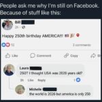 Facebook post about US 250th birthday where someone confuses year 2026 with age